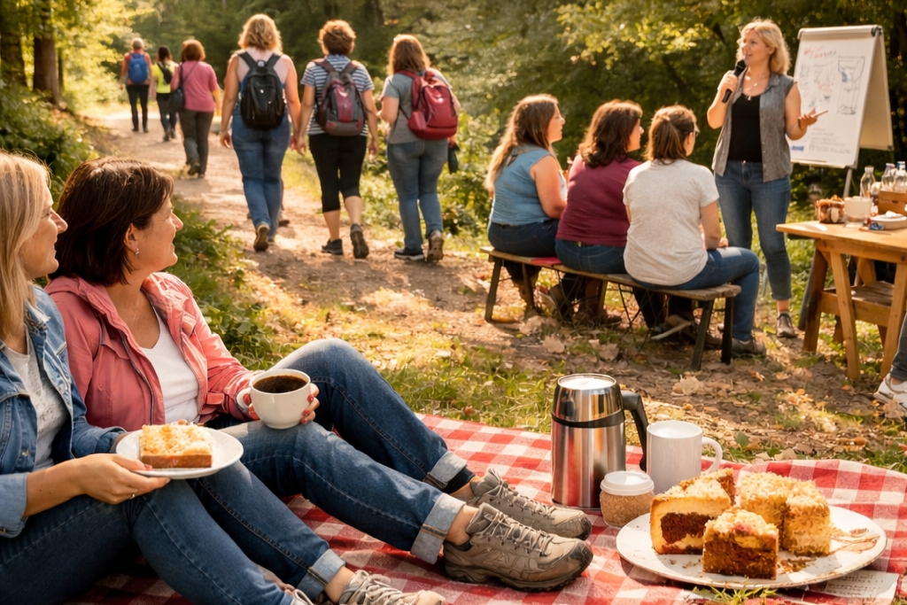 Eine Frauengruppe wandert, andere hören im Freuen einem Vortrag zu. Im Vordergrund sitzen zwei Frauen auf einer Decke und Essen Kuchen.